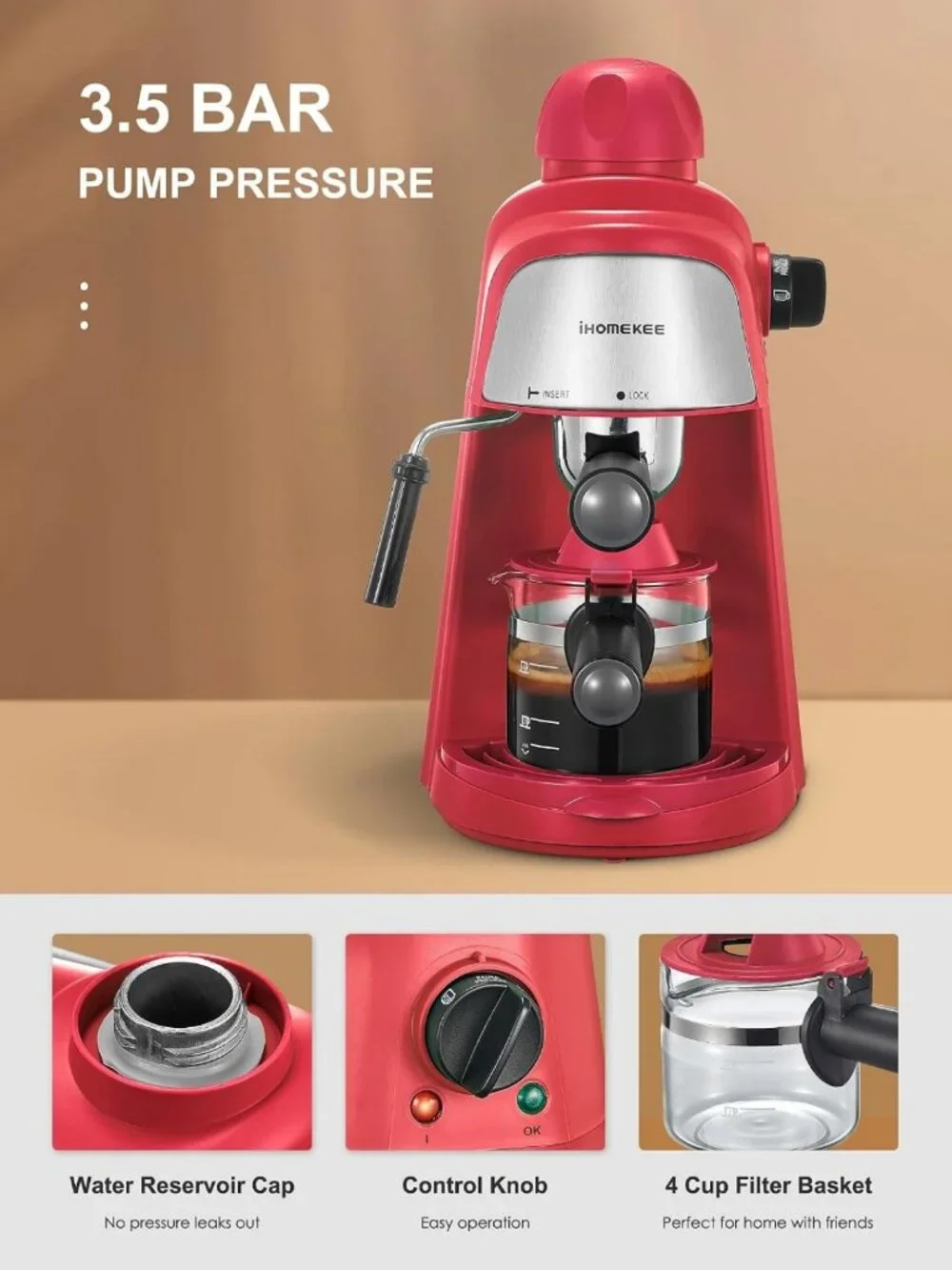 Espresso & Cappuccino Maker, 3.5 Bar, 4 Cup Coffee Machine with Milk Frother